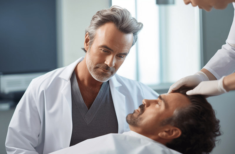 A doctor examining a patient's scalp to determine the best hair transplant method