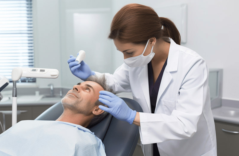 A patient preparing for a hair transplant procedure, with a doctor explaining the procedure