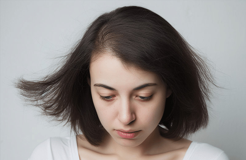 A woman with thinning hair, showing signs of female pattern hair loss