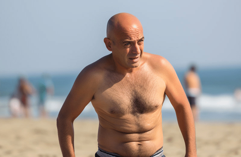 Bald man at the beach who could benefit from Los Angeles FUE hair restoration