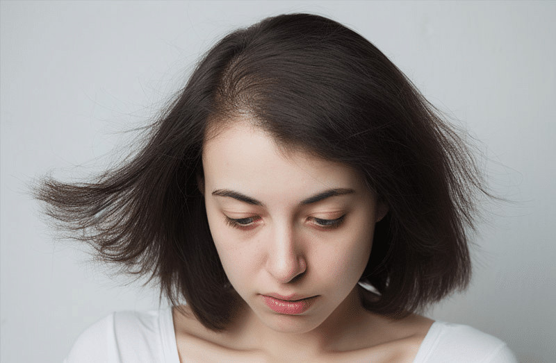 Woman experienceing thinning and female pattern hair loss