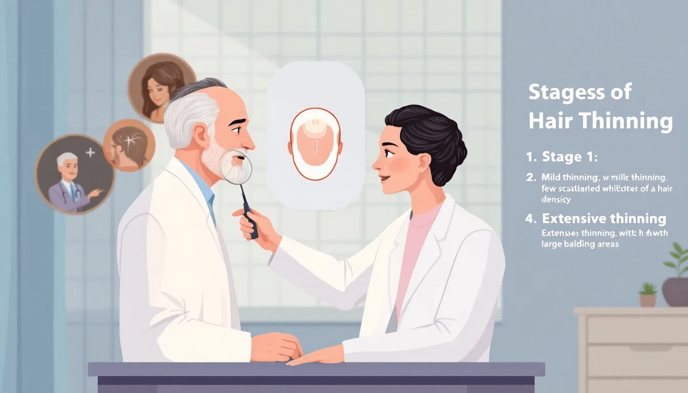 A dermatologist examining a patient with thinning hair.