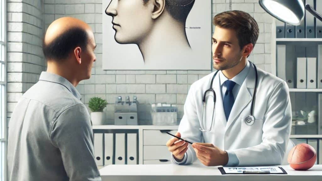 FUE Procedure Step one: Doctor in Consultation with a patient suffering from male pattern baldness (AI generated image for enhanced visibility)