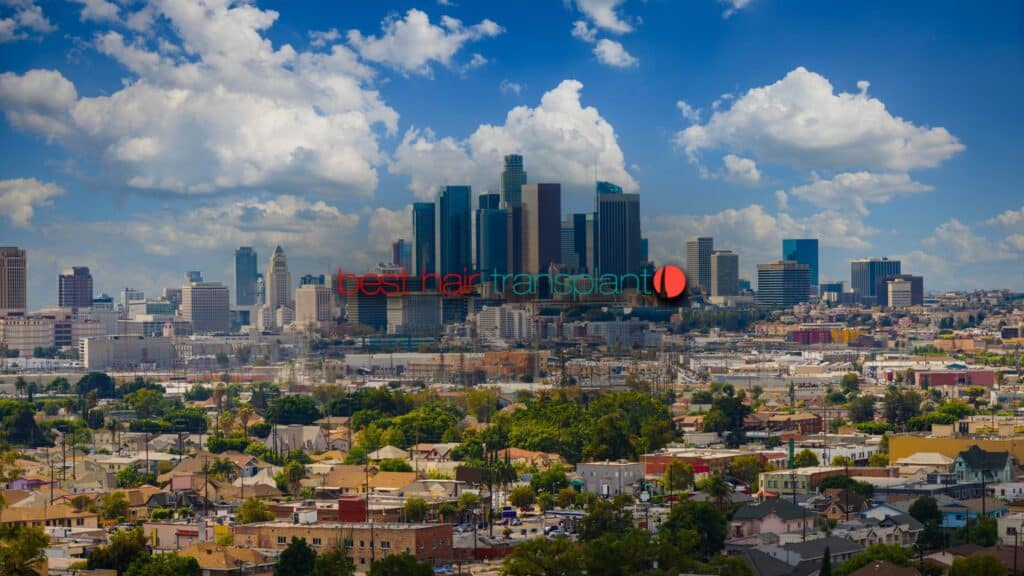 Los Angeles hair restoration clinic: Best Hair Transplant logo over an an image of downtown los angeles