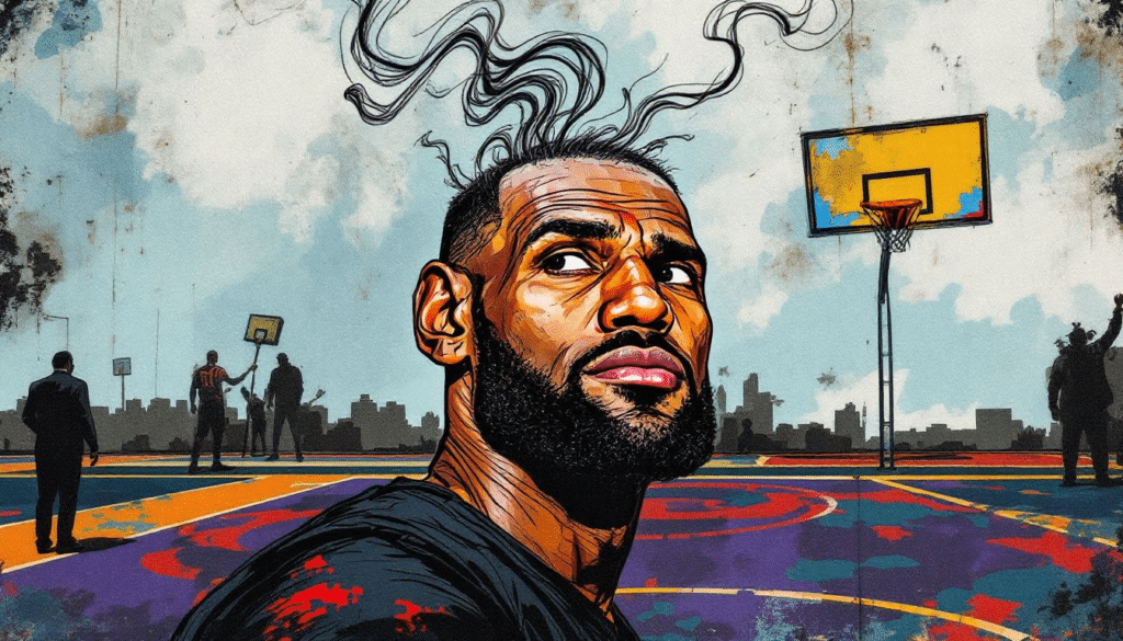 LeBron James' hair loss journey illustrated with a faded image of a basketball court.