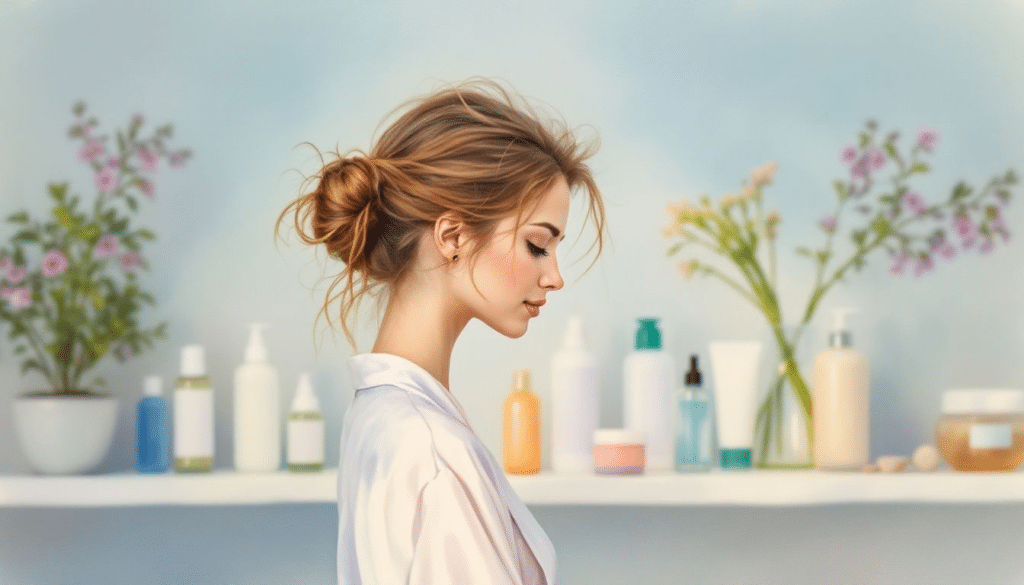 A variety of hair loss treatment products on a bathroom shelf.