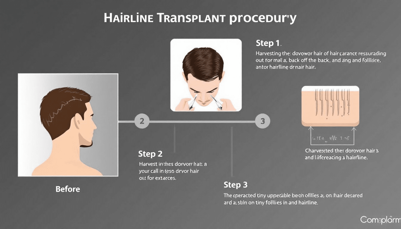 Step-by-step illustration of the hairline transplant procedure.