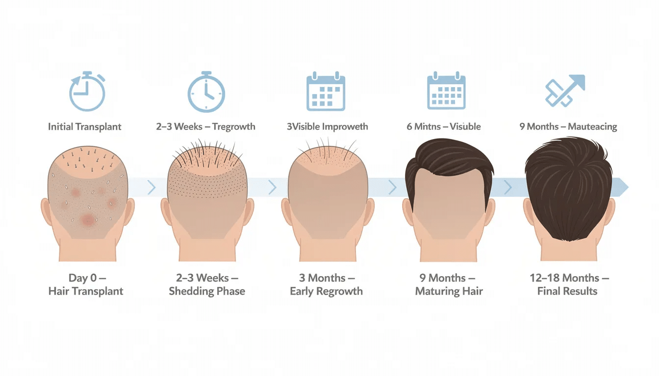 This timeline visualization illustrates the stages of hair growth following a hair transplant surgery, from the initial procedure through to the final results, showcasing the transformation from thinning hair to a fuller, natural-looking hairline. It highlights the importance of hair restoration techniques, including follicular unit extraction, in achieving successful hair transplantation outcomes.