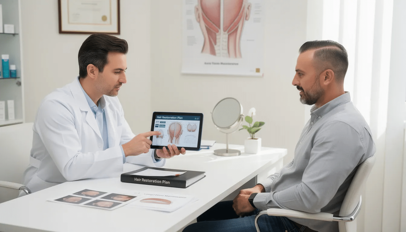 The image depicts a patient in a hair transplant clinic engaged in a follow-up consultation with a hair transplant surgeon. They are reviewing a long-term maintenance plan for hair restoration, discussing the progress of transplanted hair and strategies for managing hair loss.