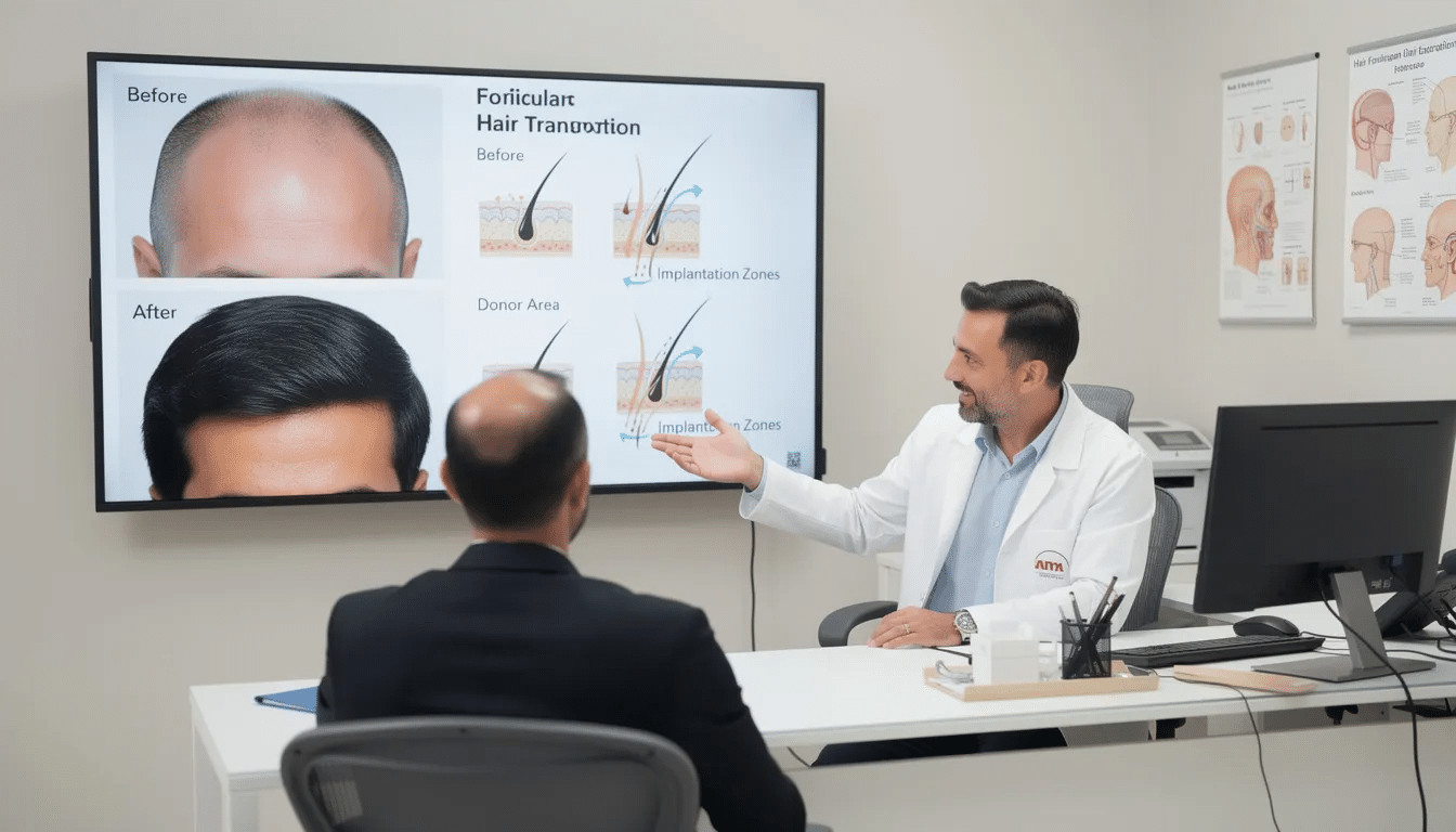 The image depicts a hair transplant surgeon consultation, showcasing before and after photos of a patient alongside detailed explanations of hair transplant techniques, including follicular unit extraction. The visuals highlight the transformation from thinning hair and a receding hairline to a fuller, natural-looking hairline, emphasizing the effectiveness of hair restoration surgery.