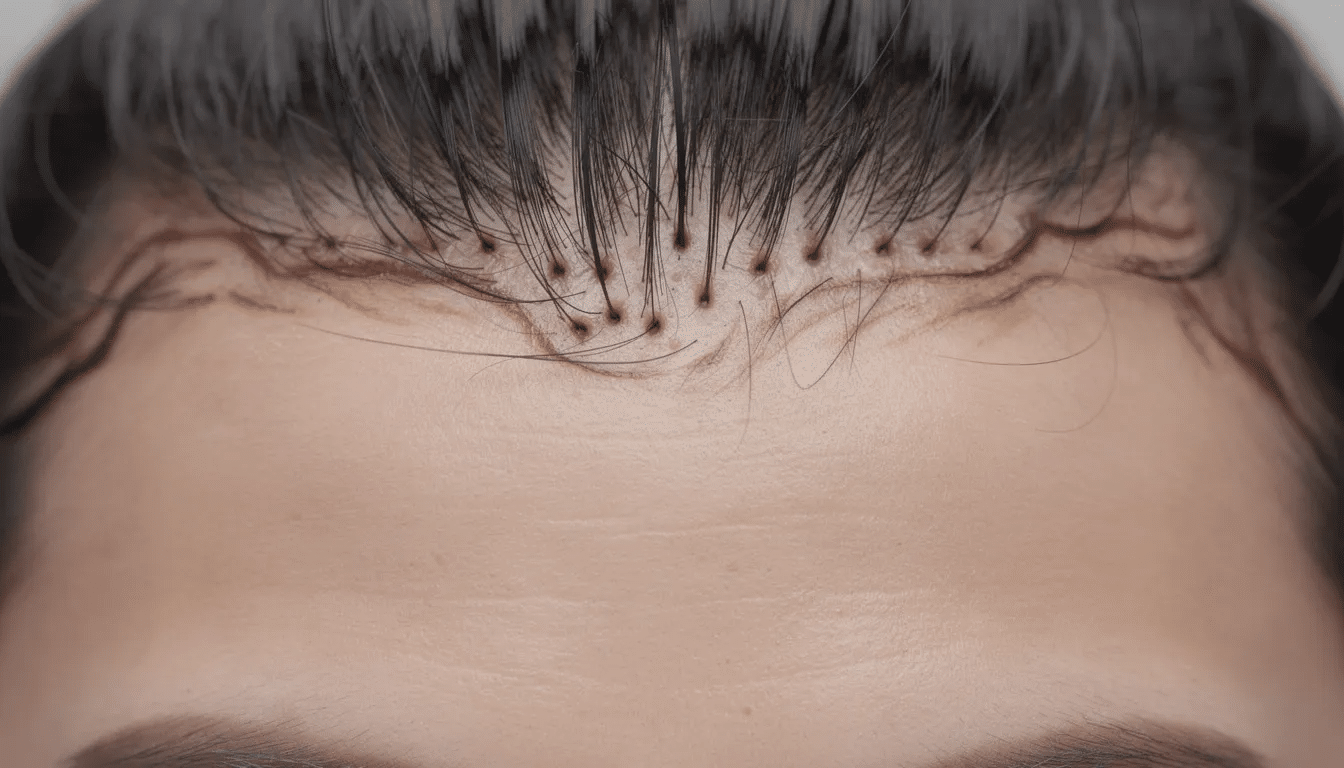The image features a close-up view of a natural hairline, highlighting individual hair follicles and their natural growth patterns. This detailed perspective showcases the results of hair restoration techniques, emphasizing a natural-looking hairline that blends seamlessly with existing hair.