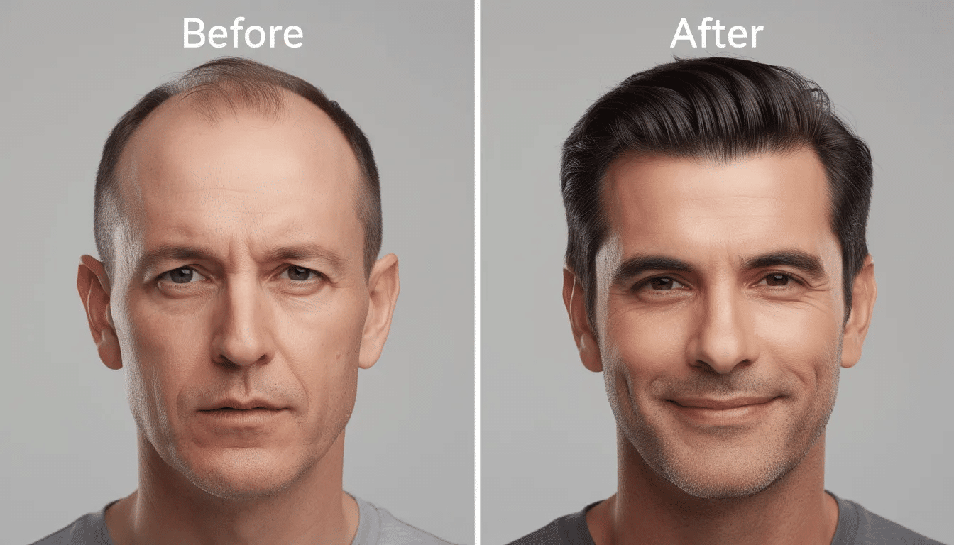 The image shows a side-by-side comparison of a man's hairline before and after a successful hair transplant, highlighting the natural-looking results of the hair restoration surgery. The "after" image features a fuller frontal hairline with thicker hair, showcasing the effectiveness of advanced hair transplant techniques in addressing receding hairlines and male pattern baldness.