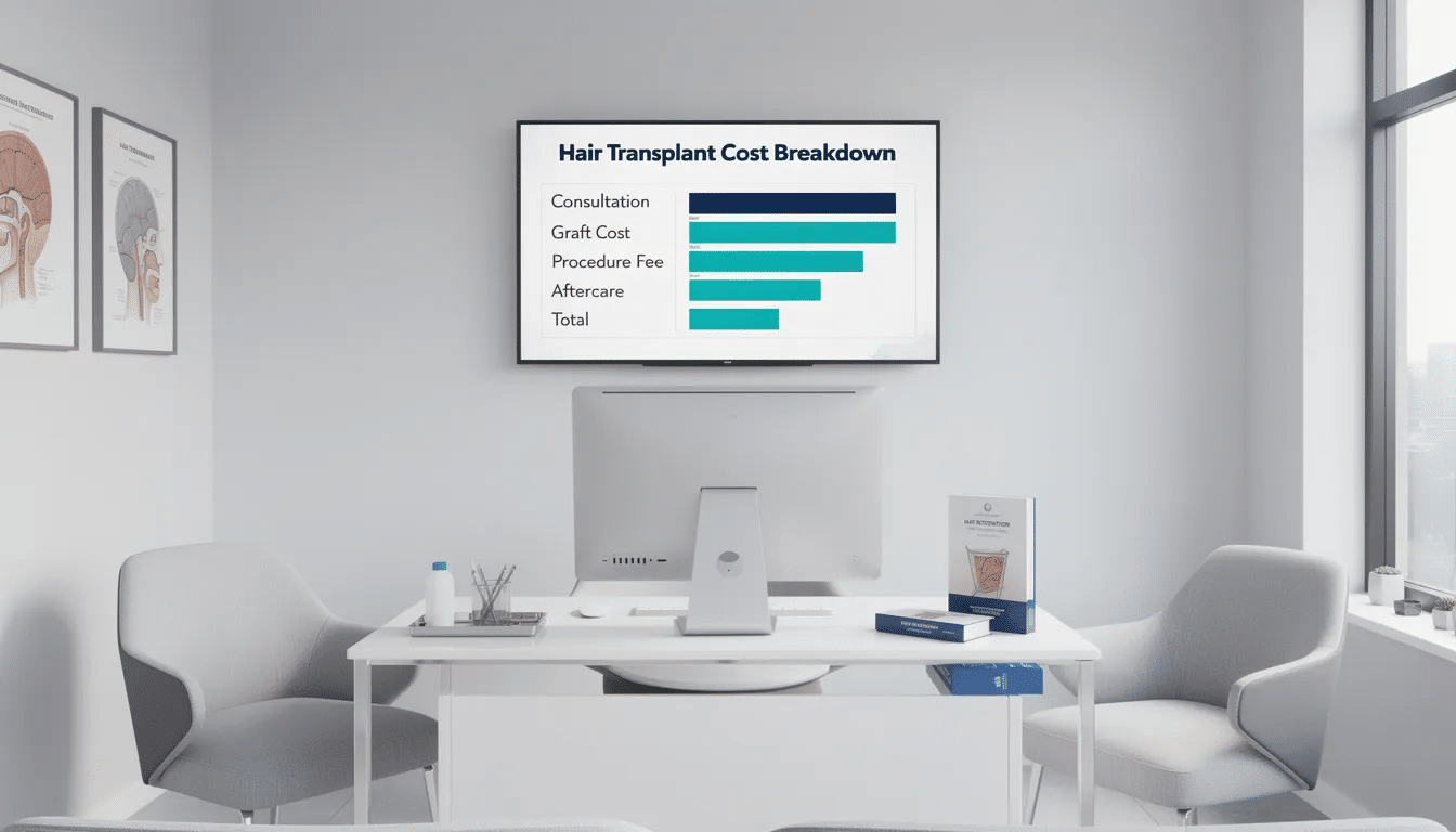 The image depicts a modern hair transplant clinic consultation room featuring a detailed cost breakdown display for hair restoration surgery. The setting emphasizes a professional atmosphere where patients can learn about hair transplant techniques, including follicular unit extraction (FUE) and hair grafts, as part of their treatment plan for hair loss.
