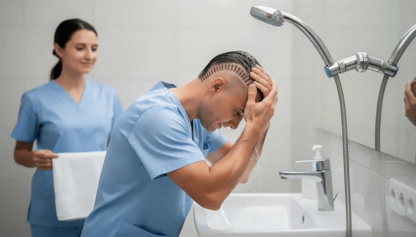 A patient is shown gently washing their hair post-operatively, demonstrating the proper technique to care for newly transplanted hair after hair restoration surgery. The image highlights the importance of maintaining healthy hair follicles and encourages careful handling to promote natural hair growth.