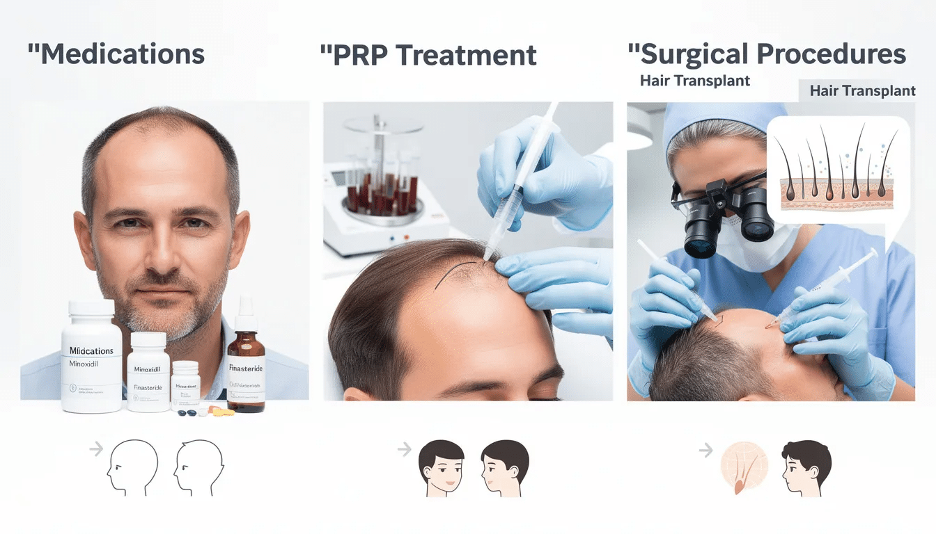 The image compares various hair loss treatment options, including medications, PRP therapy, and surgical procedures like hair transplant surgery. It highlights the effectiveness of techniques such as follicular unit extraction and hair restoration surgery for achieving natural-looking results and thicker hair for individuals experiencing male or female pattern baldness.