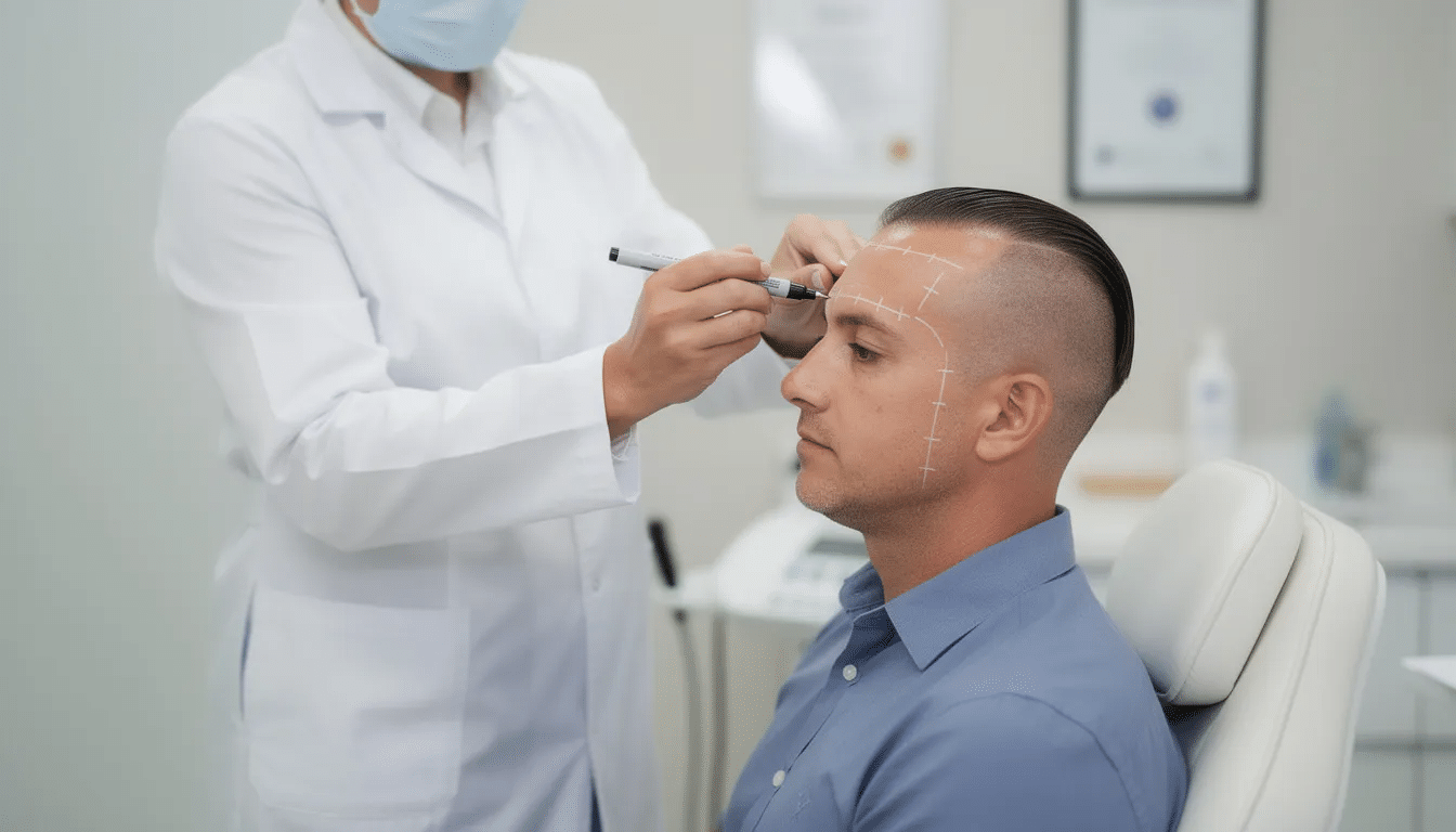A professional hair transplant surgeon is carefully marking a hairline design on a patient's forehead, utilizing facial proportion guidelines to ensure a natural look. This procedure is part of a hair restoration surgery aimed at addressing issues like receding hairlines and male pattern baldness.
