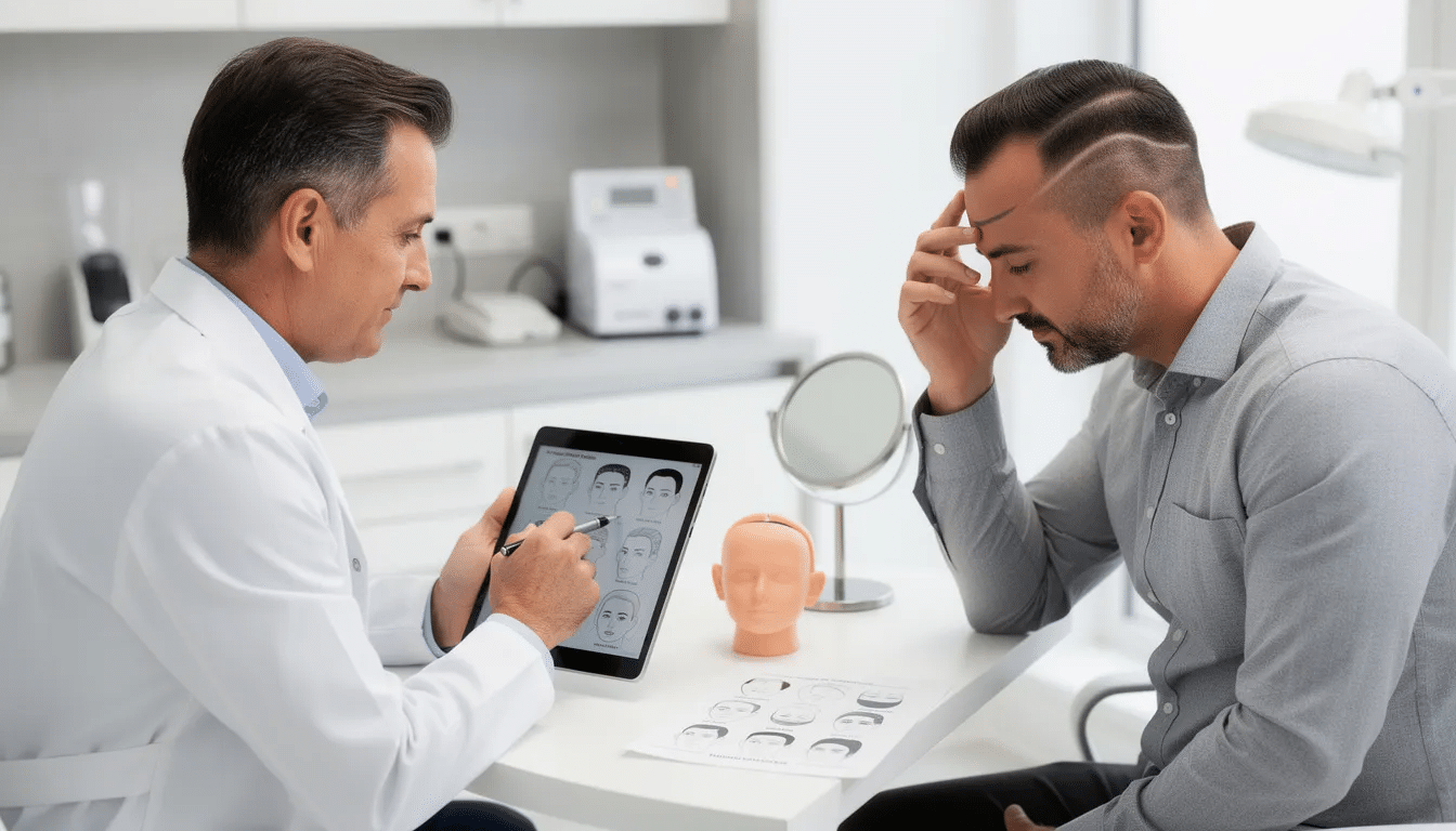 The image depicts a medical consultation between a hair transplant surgeon and a patient discussing various hairline options, focusing on solutions for hair loss and receding hairlines. The surgeon is explaining hair restoration techniques, including follicular unit extraction, to achieve natural-looking results and thicker hair growth.