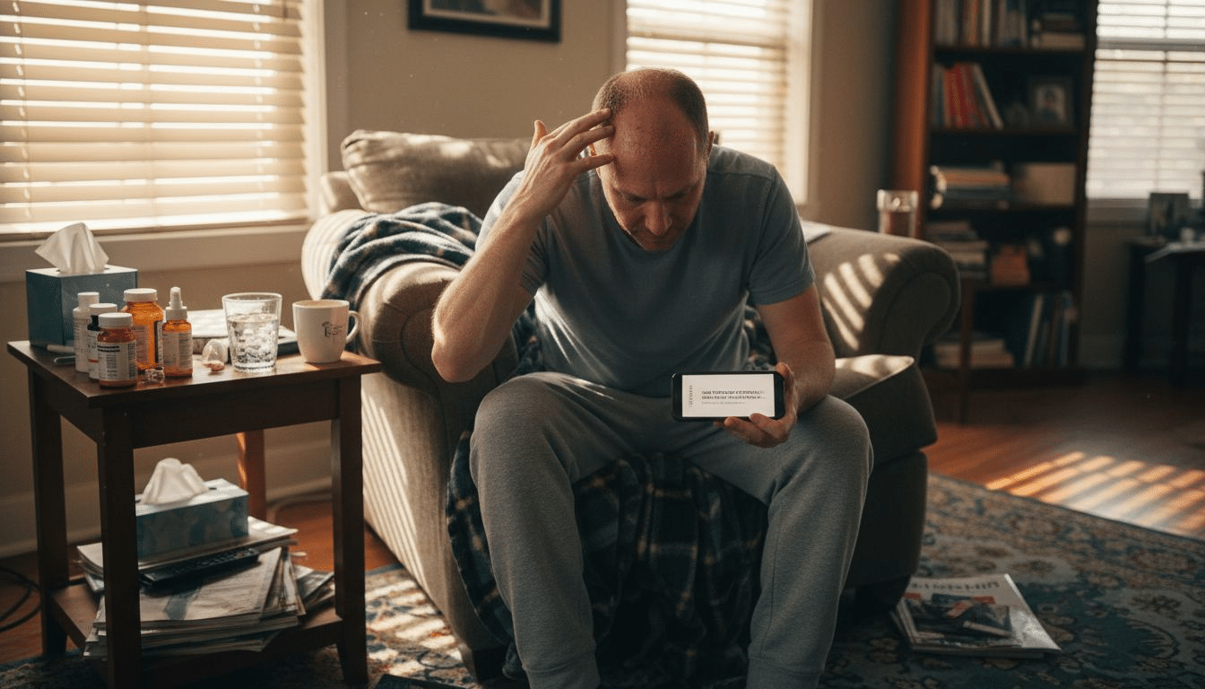 Man recovering from hair transplant in home