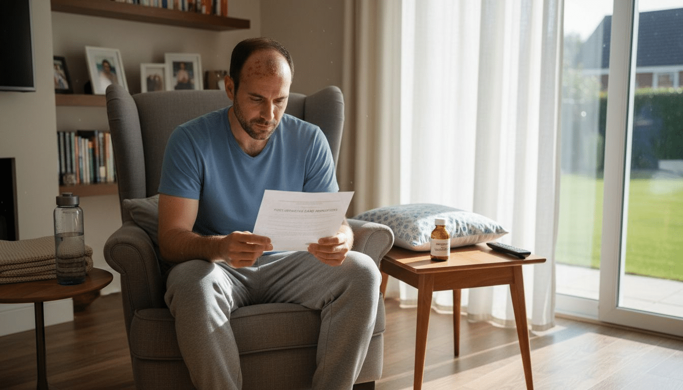 Patient reading post hair transplant instructions